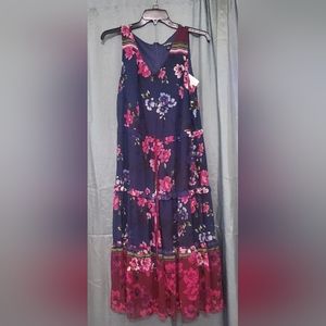 Roz & Ali Navy Blue Floral Tie Front Tiered  Sleeveless Dress Size 12